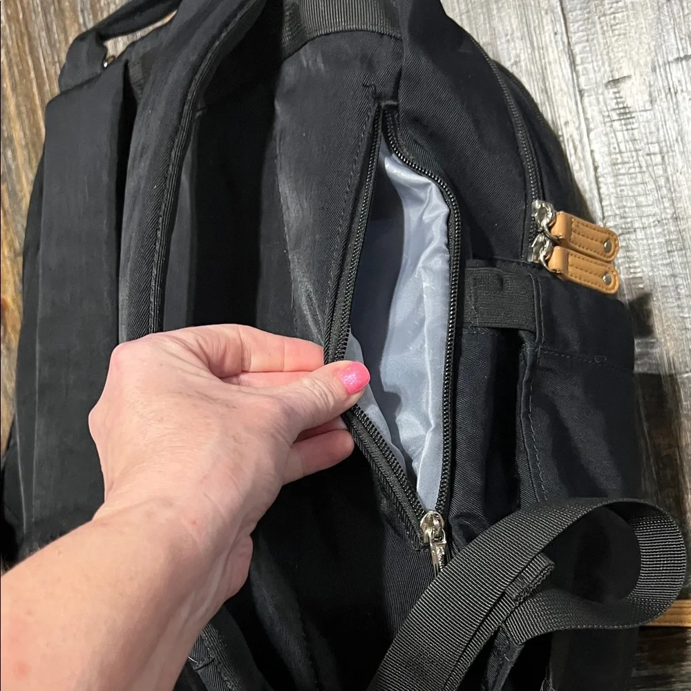 Black Diaper Bag with 16 pockets and Tan Accents